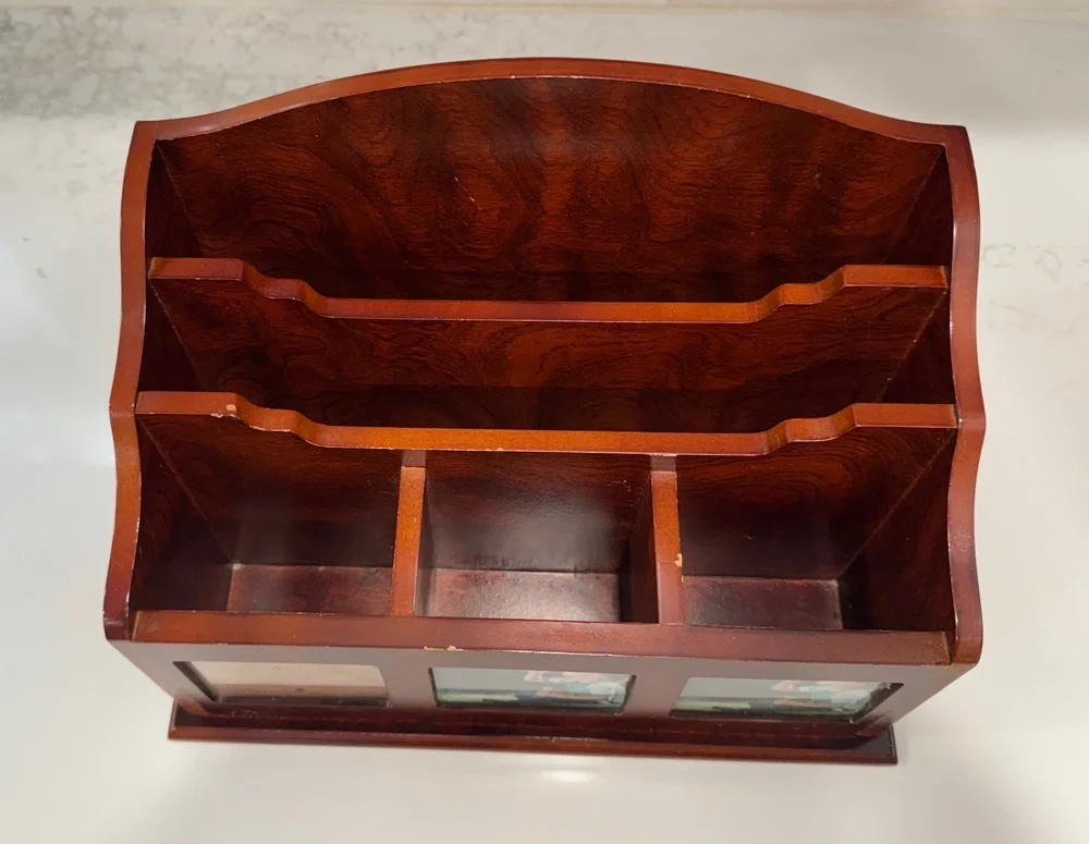 Wooden Desktop Organizer Mail Sorter 3 Photo Frame Cherry Finish Bill Planner 13
